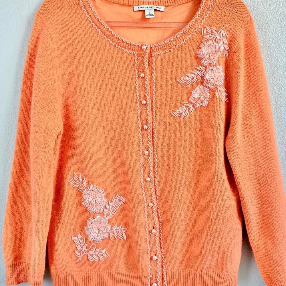 NEW Vintage Y2K Banana Republic Coral Angora Blend Beaded Floral Cardigan
